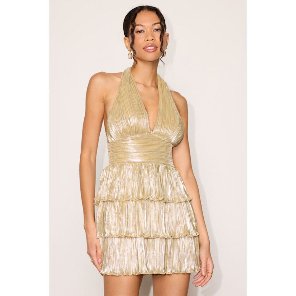 Lulus Carrie Champagne Metallic Tiered Mini Dress Gold - Size M